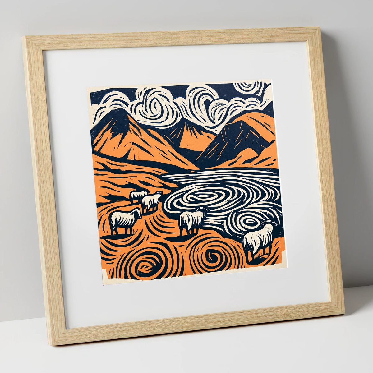 Scafell Pike in Terracotta and Navy lake district fell art print in natural frame
