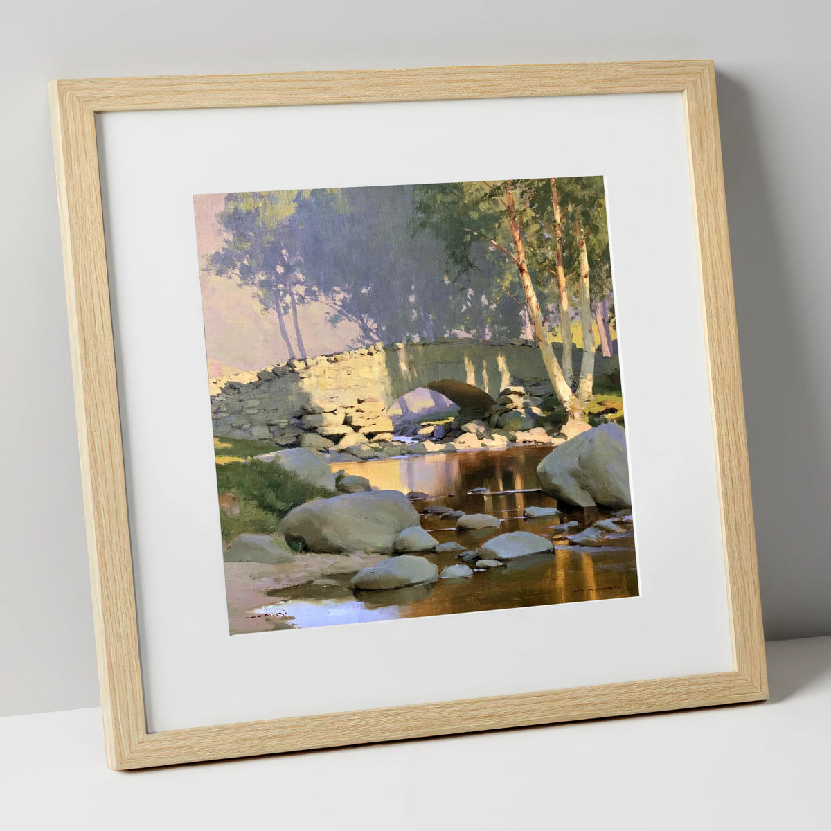 Sunlit Arched Bridge Over Beck lake district waterfall art print in natural frame