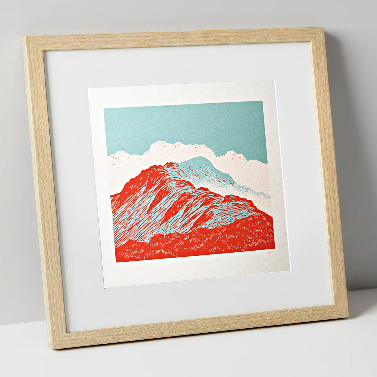 Graphic Red Fell Ridge lake district fell art print in natural frame
