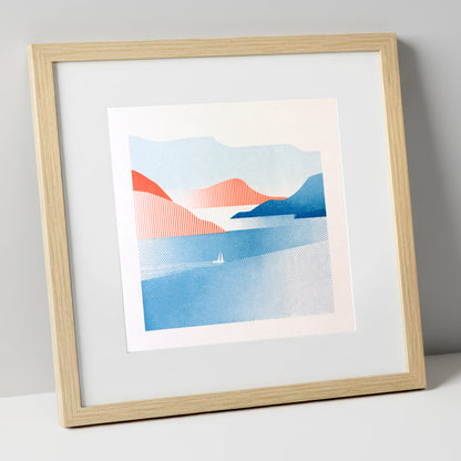 Graphic Sailboat on Lake Windermere lake district lake art print in natural frame