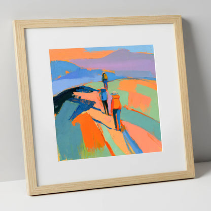 Vivid Hikers on a Fell Ridge lake district fell art print in natural frame