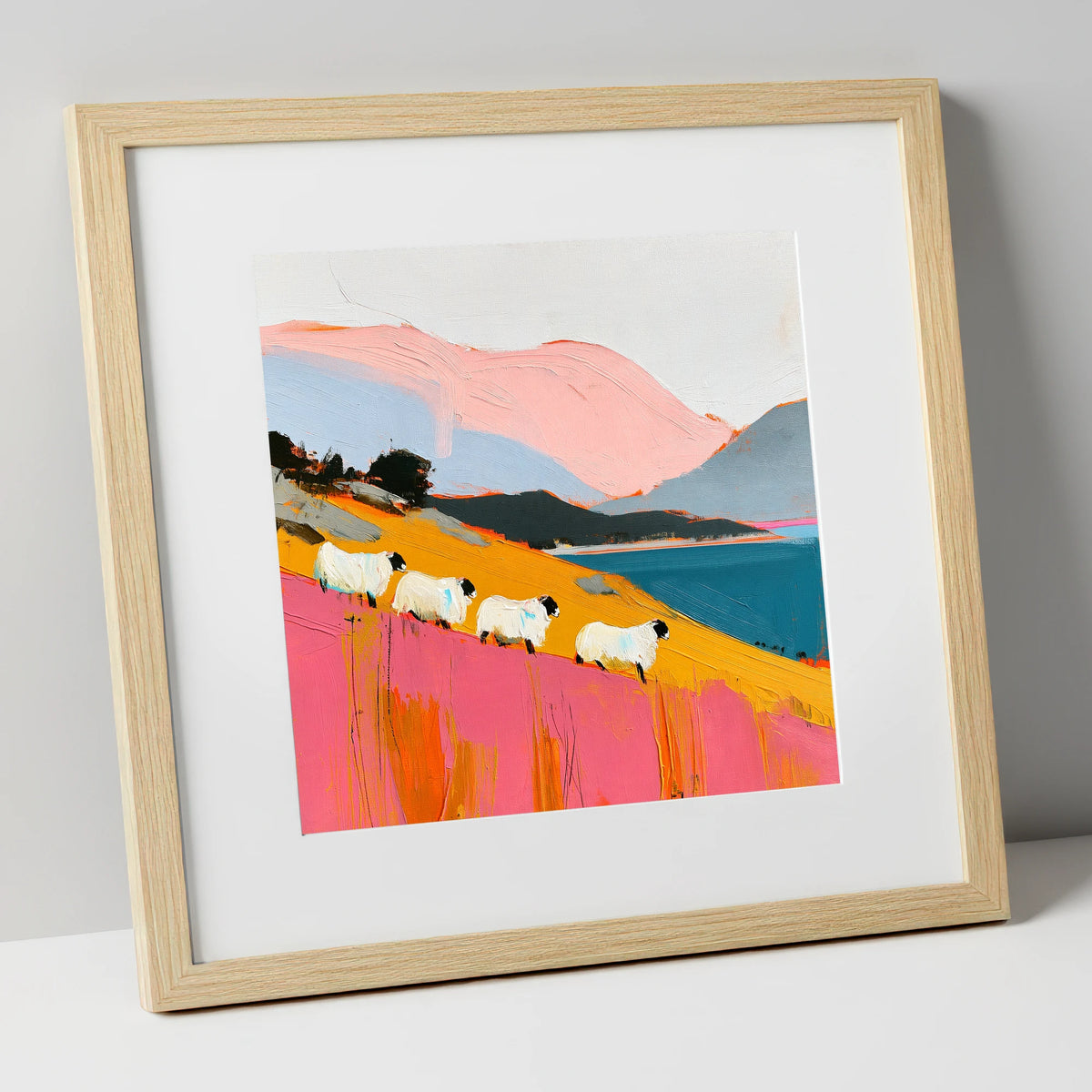 Vibrant Herdwicks Above Teal Lake lake district wildlife art print in natural frame