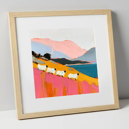 Vibrant Herdwicks Above Teal Lake lake district wildlife art print in natural frame