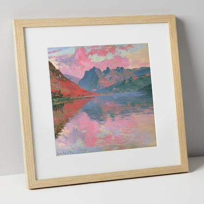 Loweswater Beneath Pink Sunset Skies lake district lake art print in natural frame