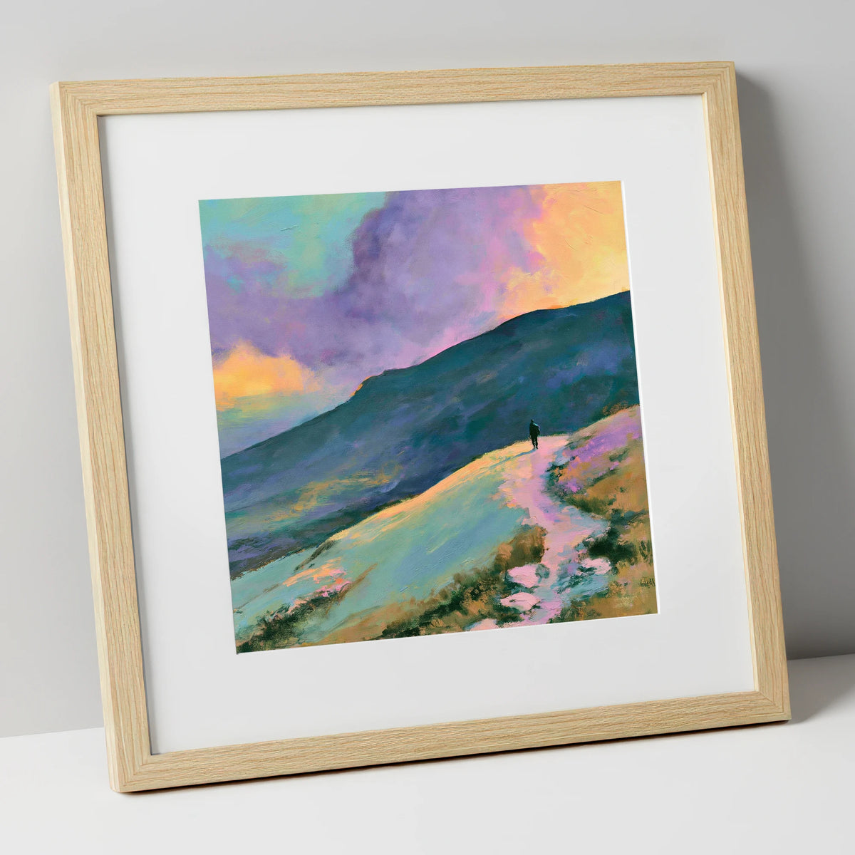 Lone Hiker Under Pastel Skies lake district walking art print in natural frame