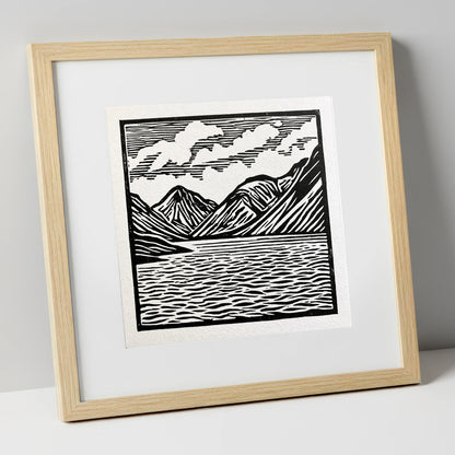 Wastwater Fells in Monochrome lake district lake art print in natural frame