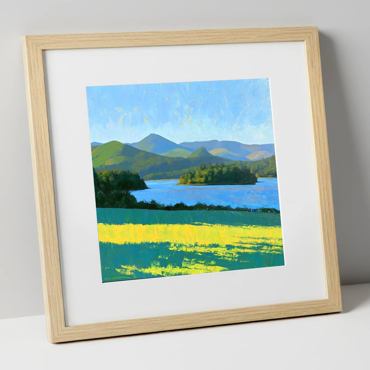 Sunlit Derwentwater From Crow Park lake district village art print in natural frame