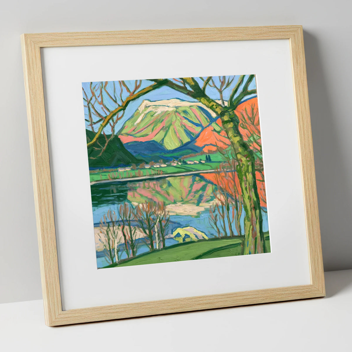Vibrant Fells above Pooley Bridge lake district village art print in natural frame