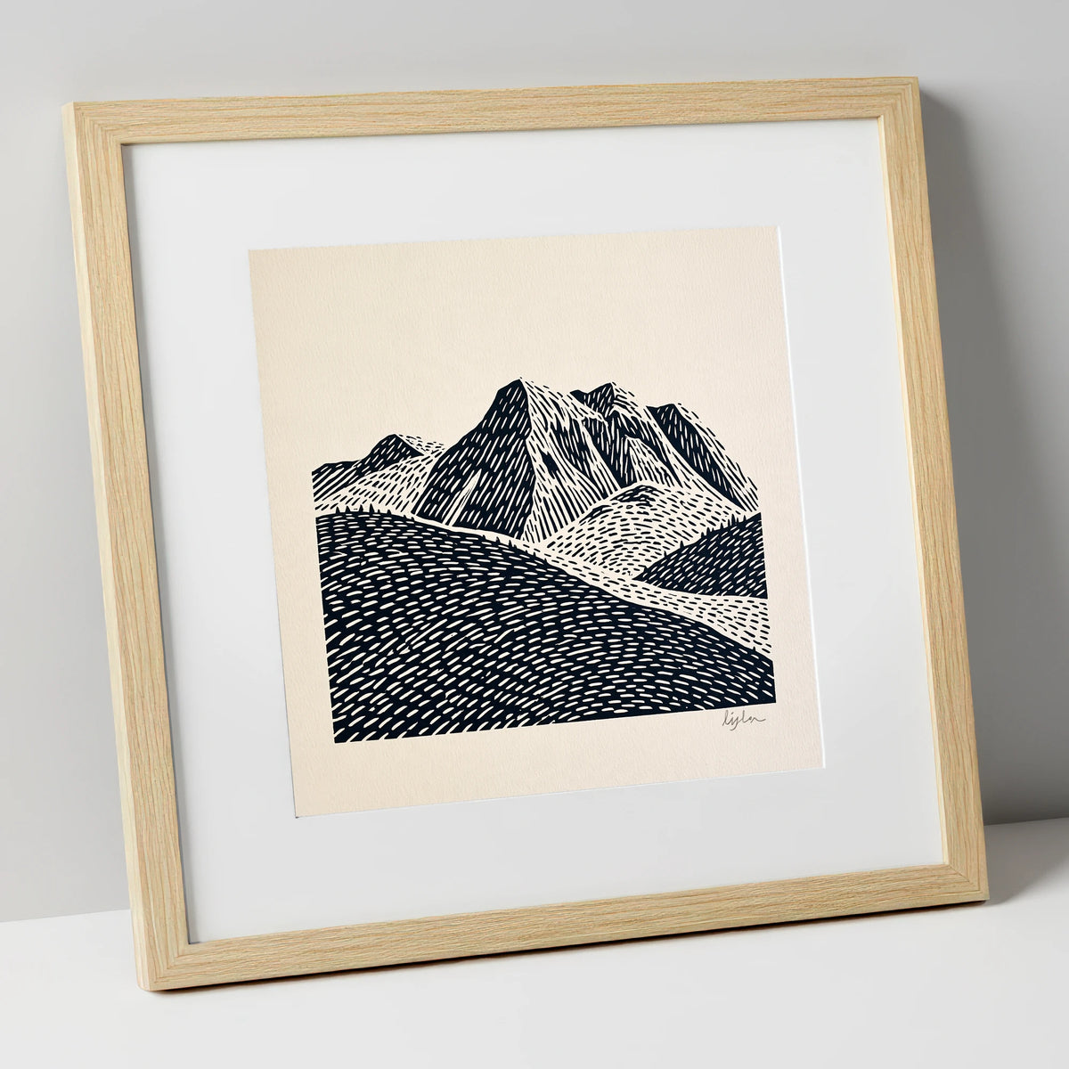 Bold Monochrome Bowfell Peaks lake district fell art print in natural frame