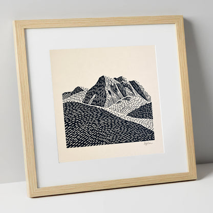 Bold Monochrome Bowfell Peaks lake district fell art print in natural frame