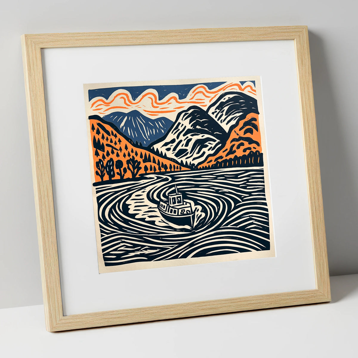Ullswater Steamer in Terracotta and Navy lake district lake art print in natural frame