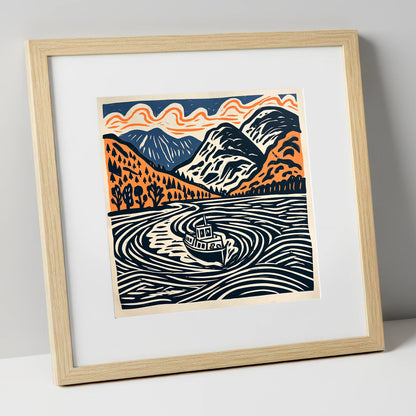 Ullswater Steamer in Terracotta and Navy lake district lake art print in natural frame