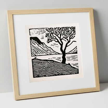 Monochrome Wasdale Fells and Tree lake district valley art print in natural frame