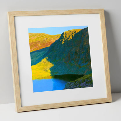 Vibrant Esk Pike and Tarn lake district fell art print in natural frame