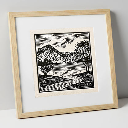 Graphic Monochrome Buttermere Fells lake district lake art print in natural frame