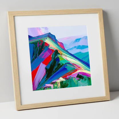 Colourful Misty Mountain Ridge lake district fell art print in natural frame