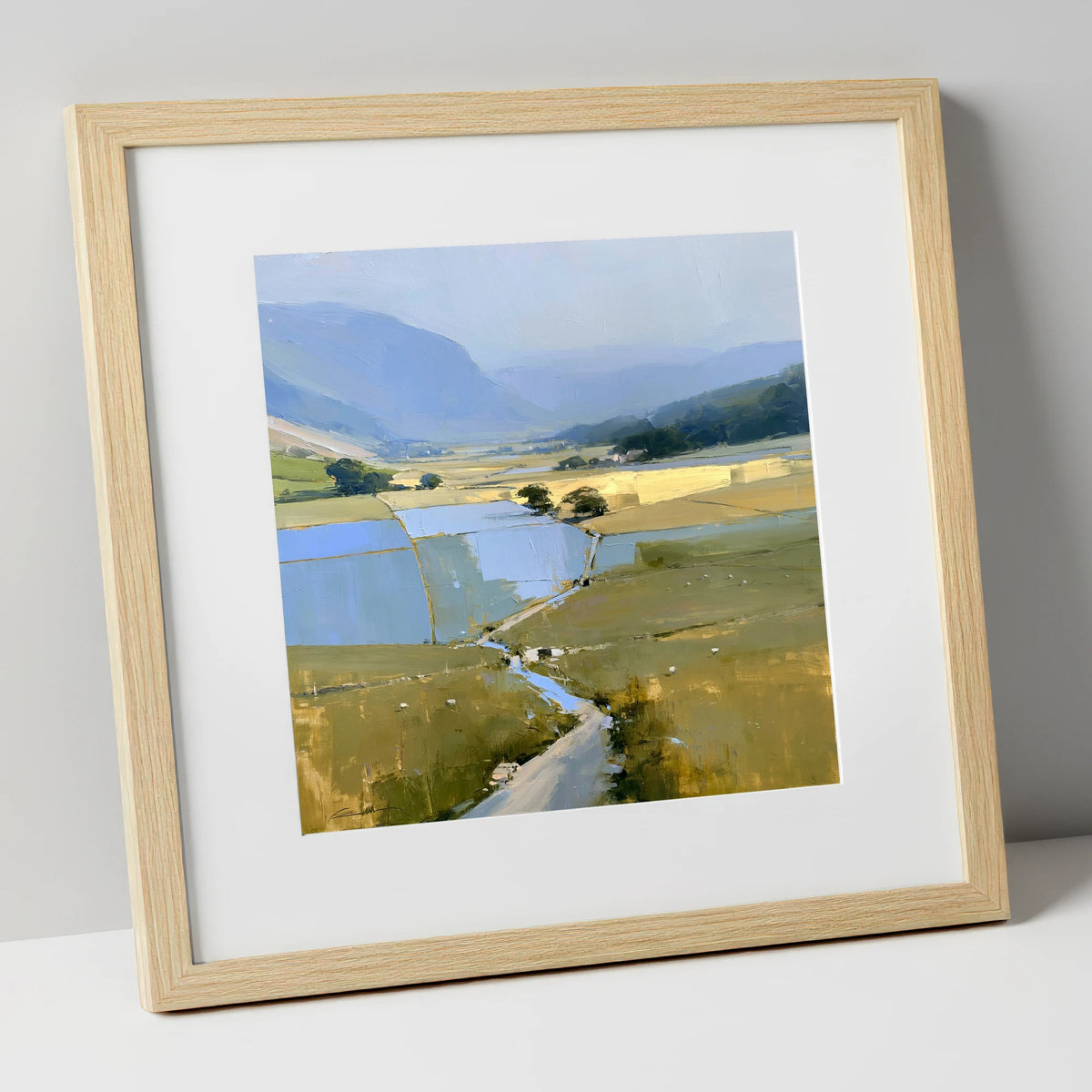 Luminous Patchwork Fields in a Dale lake district valley art print in natural frame