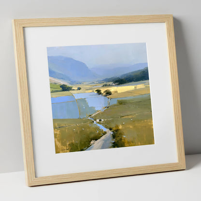 Luminous Patchwork Fields in a Dale lake district valley art print in natural frame
