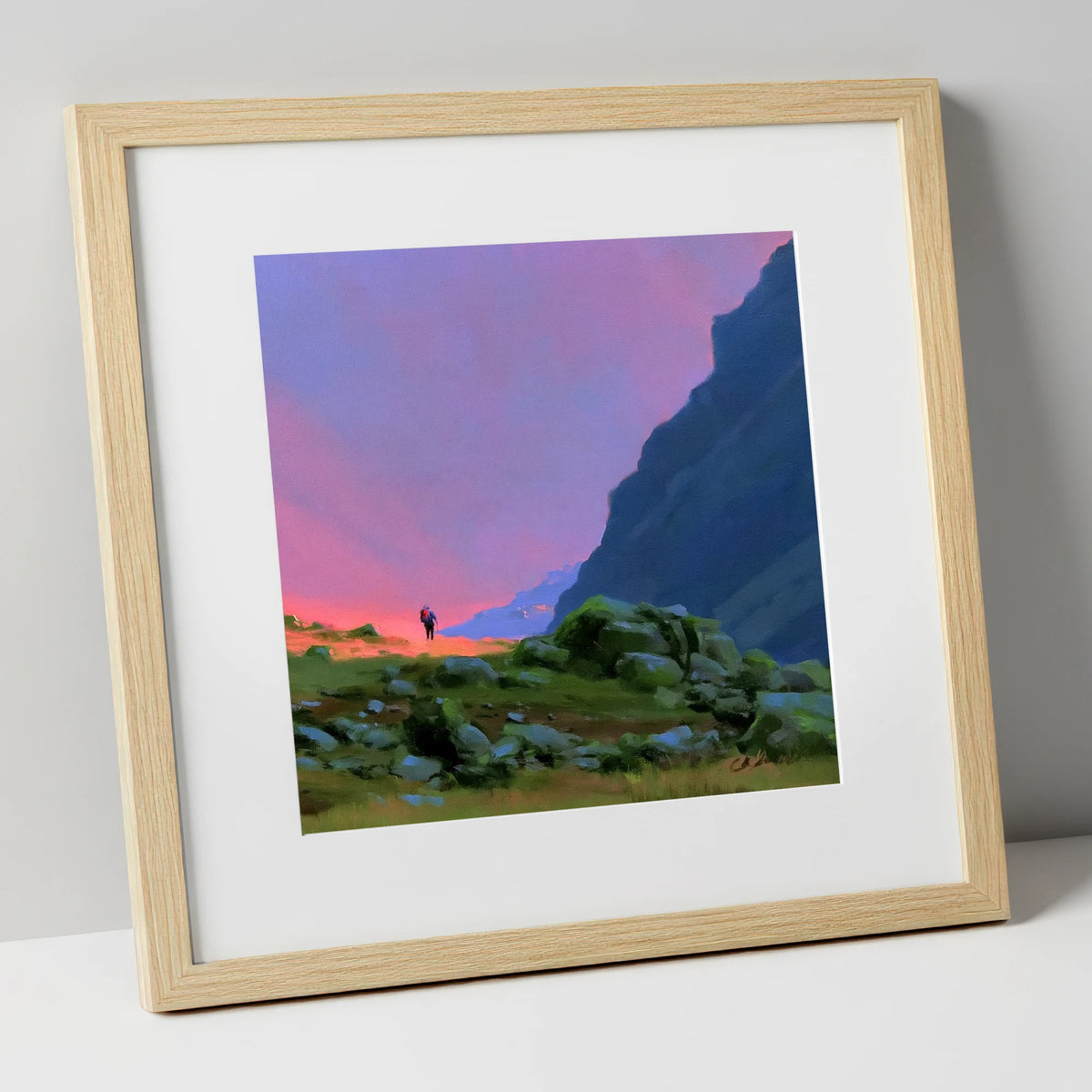 Fell Walker Beneath Vivid Skies lake district walking art print in natural frame