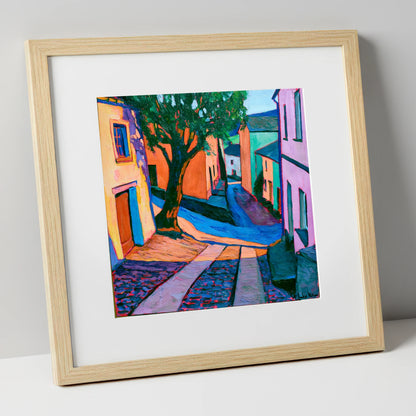 Cobbled Village Street in Vivid Colour lake district village art print in natural frame