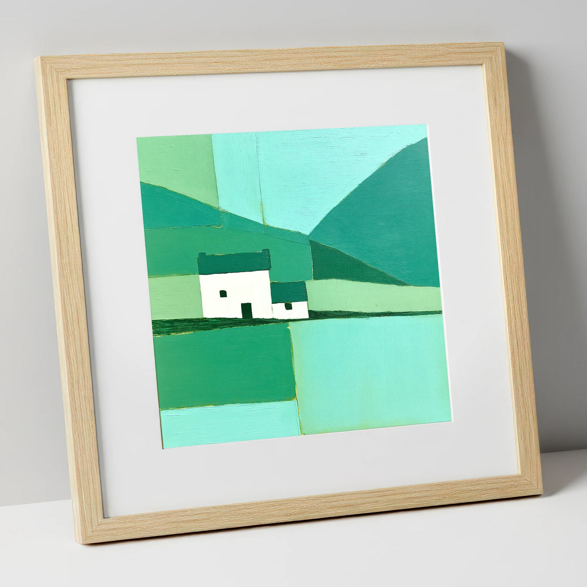 Geometric Grasmere Cottage and Fells lake district lake art print in natural frame