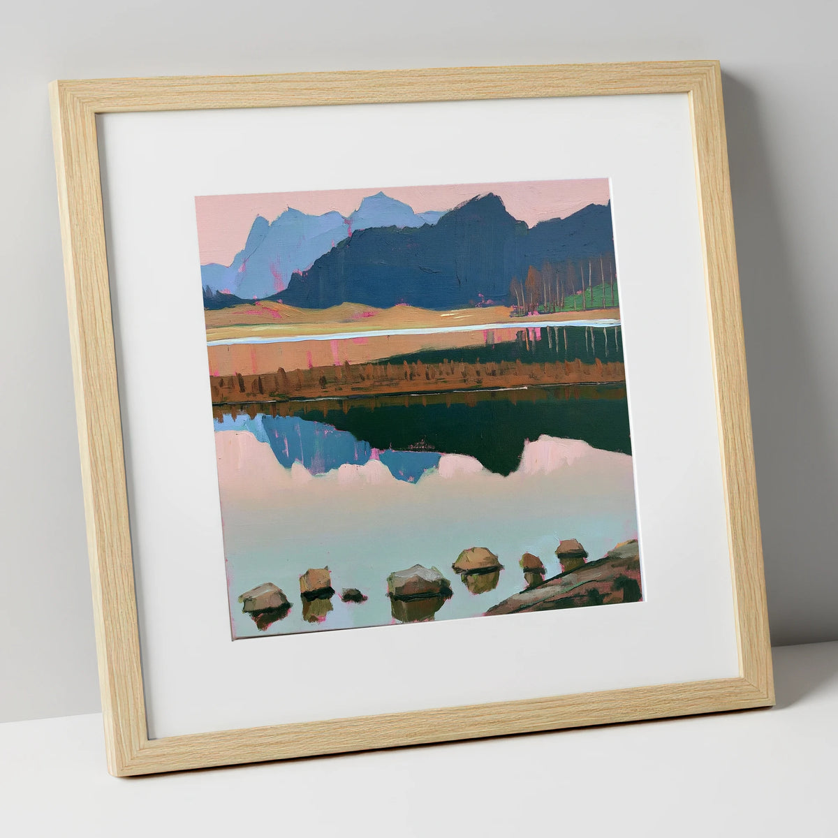 Blea Tarn with Pink Reflections lake district fell art print in natural frame