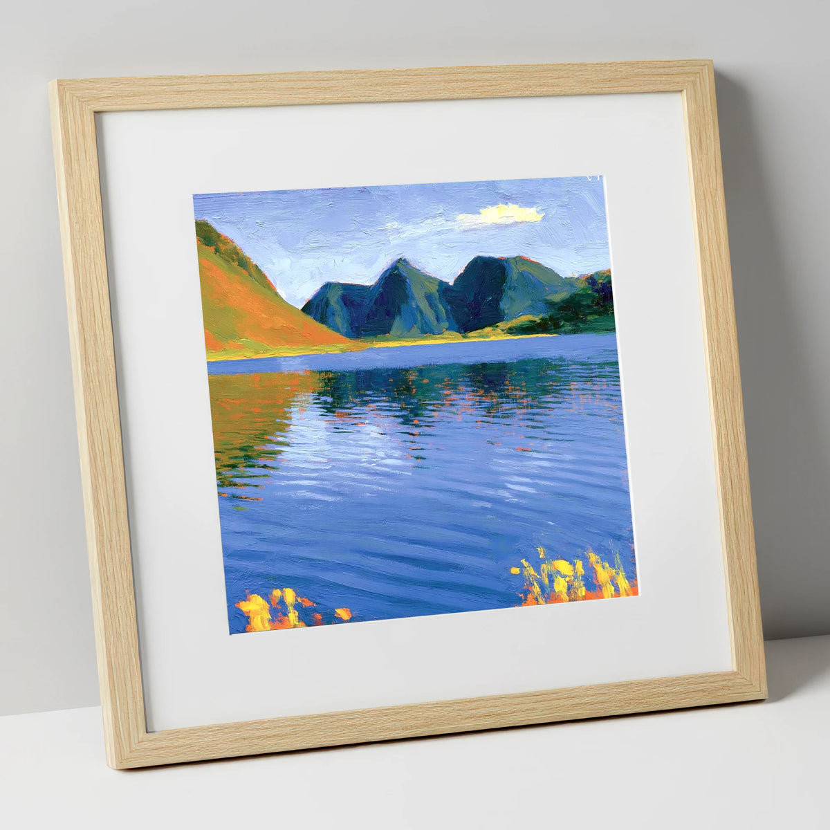 Vibrant Reflections on Loweswater lake district lake art print in natural frame