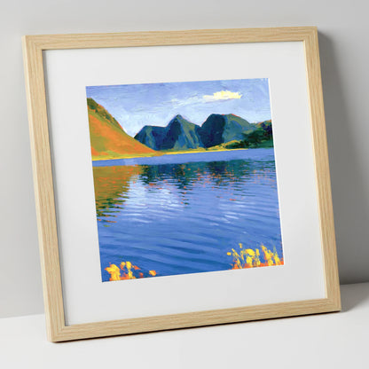 Vibrant Reflections on Loweswater lake district lake art print in natural frame