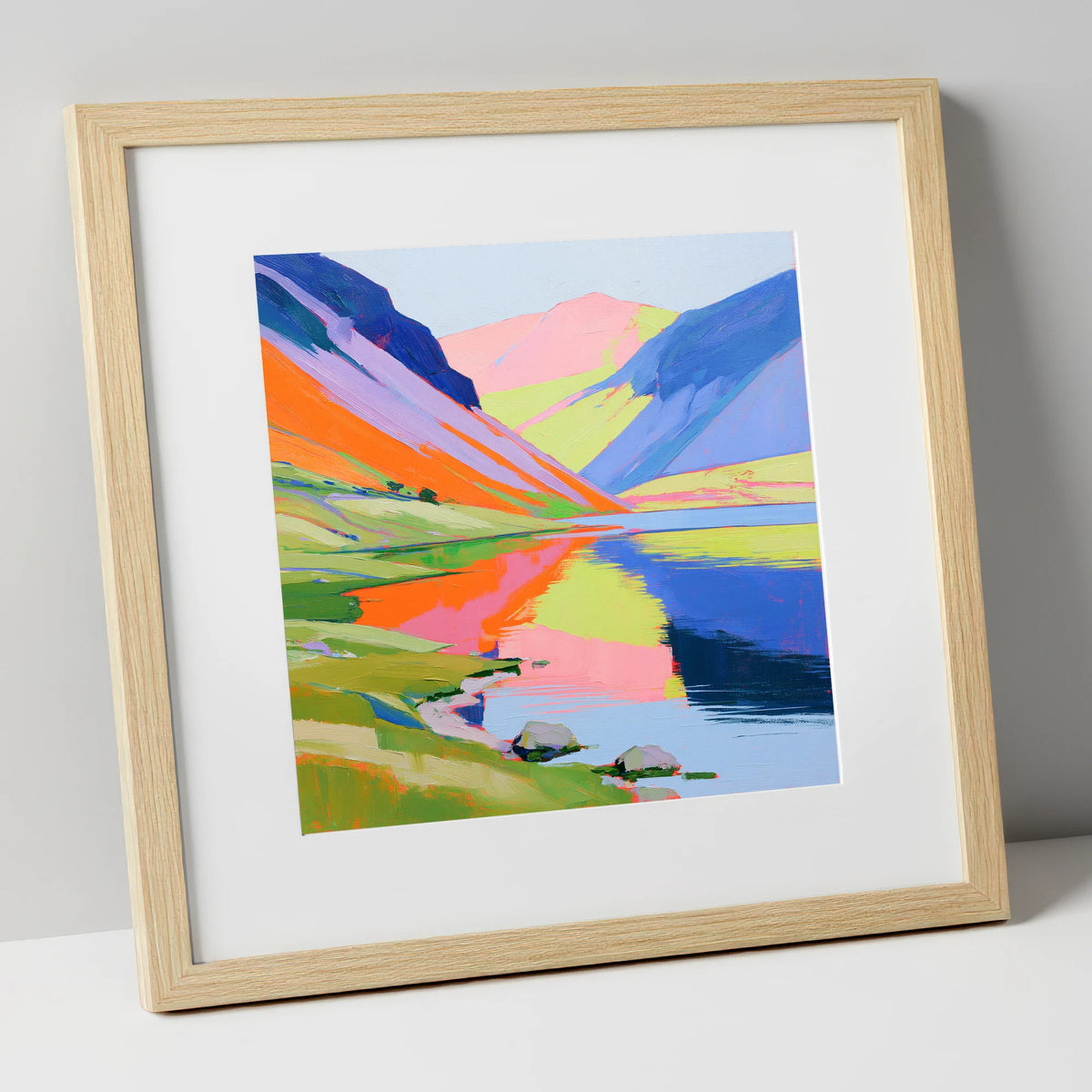 Lake Reflections in Bold Colour lake district lake art print in natural frame