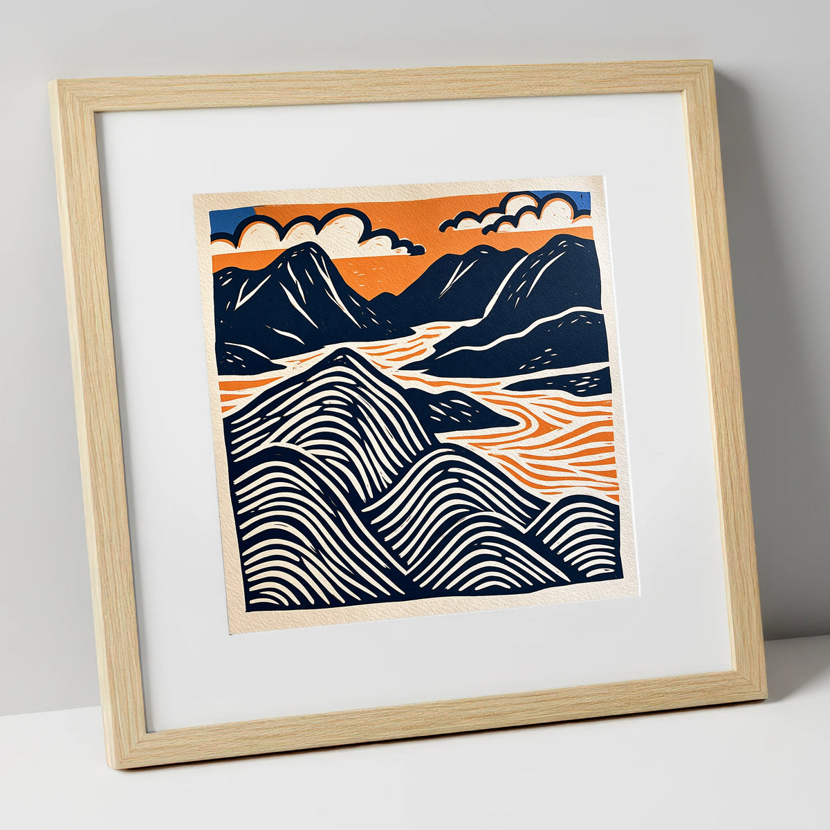 Mountain Summit in Navy and Orange lake district fell art print in natural frame