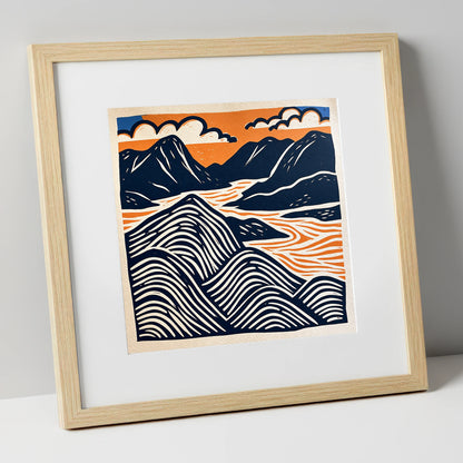 Mountain Summit in Navy and Orange lake district fell art print in natural frame