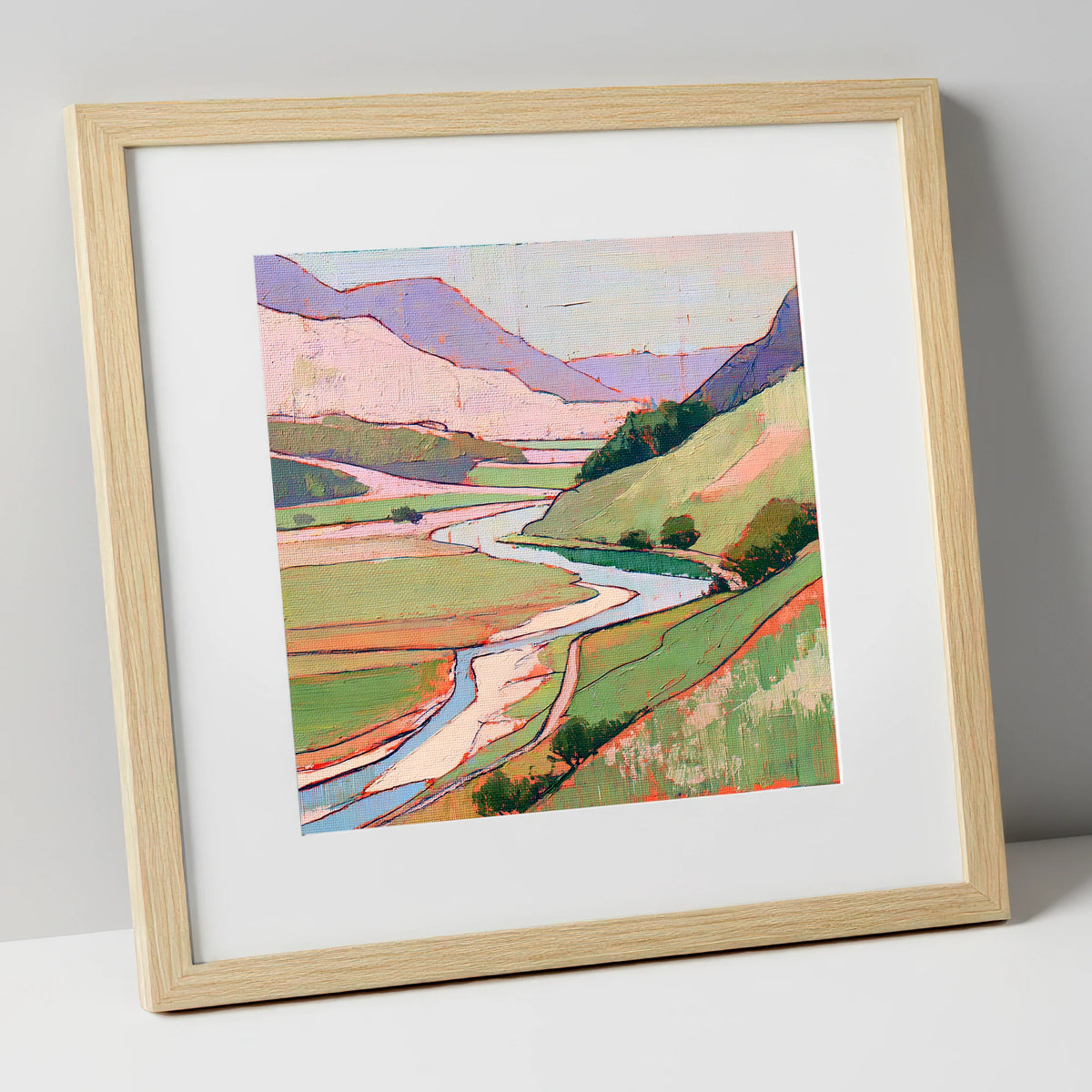 Pastel Fells and Winding River lake district waterfall art print in natural frame