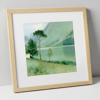 Buttermere in Soft Sage Green lake district lake art print in natural frame