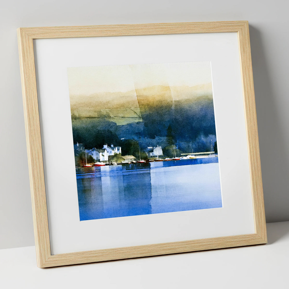 Bowness Bay in Deep Indigo lake district village art print in natural frame