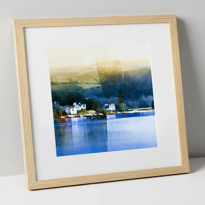 Bowness Bay in Deep Indigo lake district village art print in natural frame