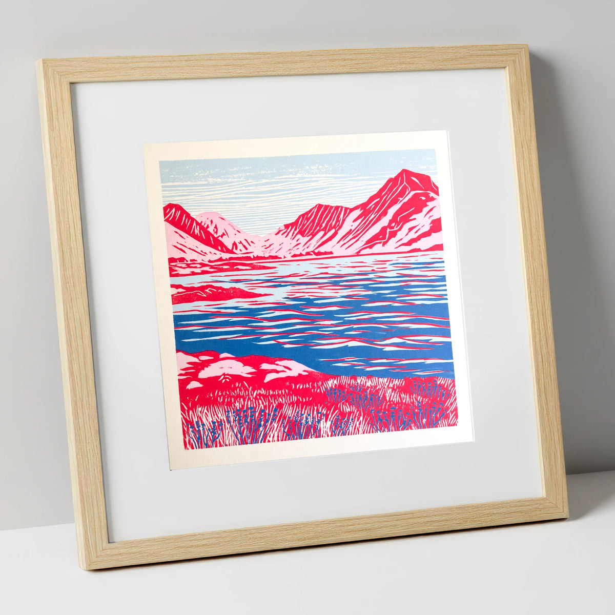 Vivid Red Ennerdale Fells lake district valley art print in natural frame