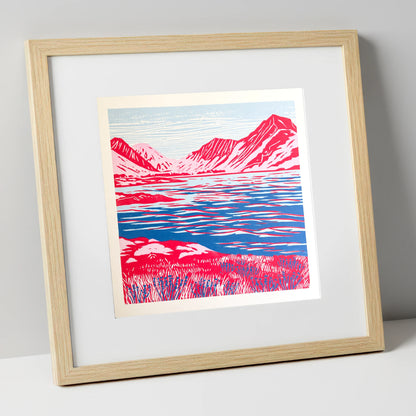 Vivid Red Ennerdale Fells lake district valley art print in natural frame