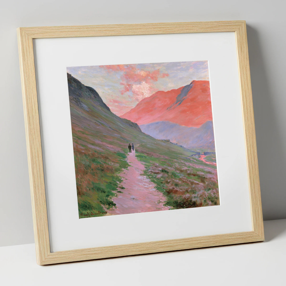 Fell Walkers in Pink Sunset lake district walking art print in natural frame
