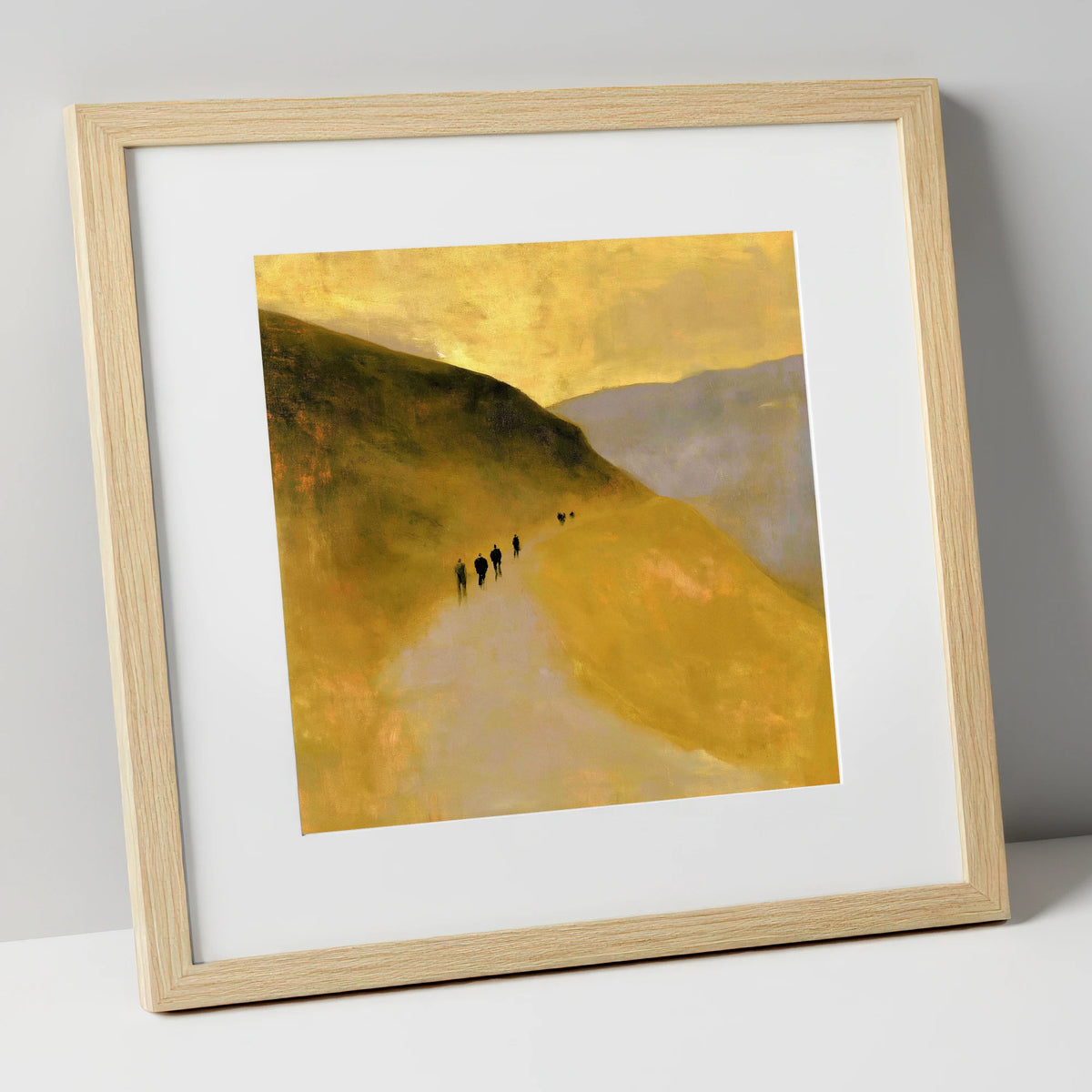 Walkers on a Golden Fell Path lake district walking art print in natural frame