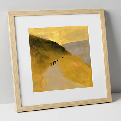 Walkers on a Golden Fell Path lake district walking art print in natural frame