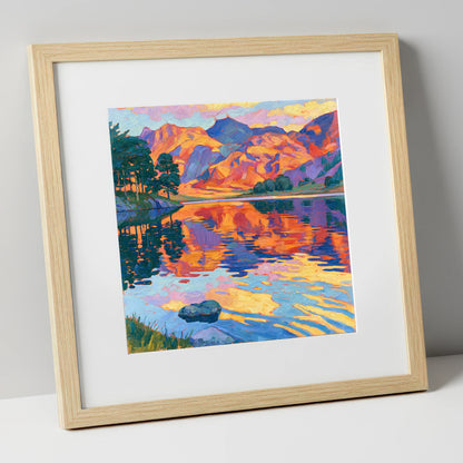 Vibrant Sunset Glow over Mountain Fells lake district lake art print in natural frame
