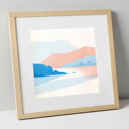 Geometric Coniston Water Fells lake district lake art print in natural frame