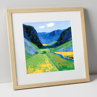 Vivid Valley Beneath Blue Fells lake district valley art print in natural frame