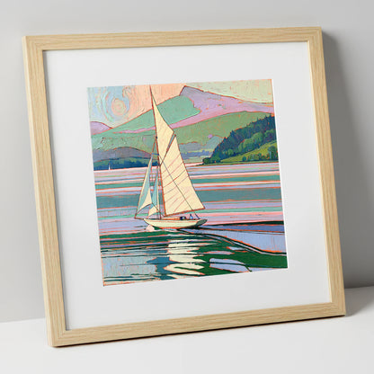 Sailboat on a Pastel Lake lake district walking art print in natural frame