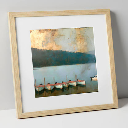 Windermere Boats Under Gold Skies lake district lake art print in natural frame