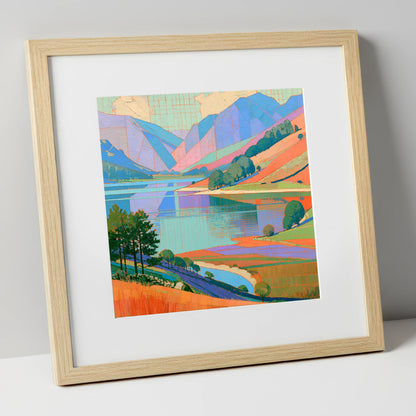 Vibrant Fells Over Turquoise Lake lake district lake art print in natural frame