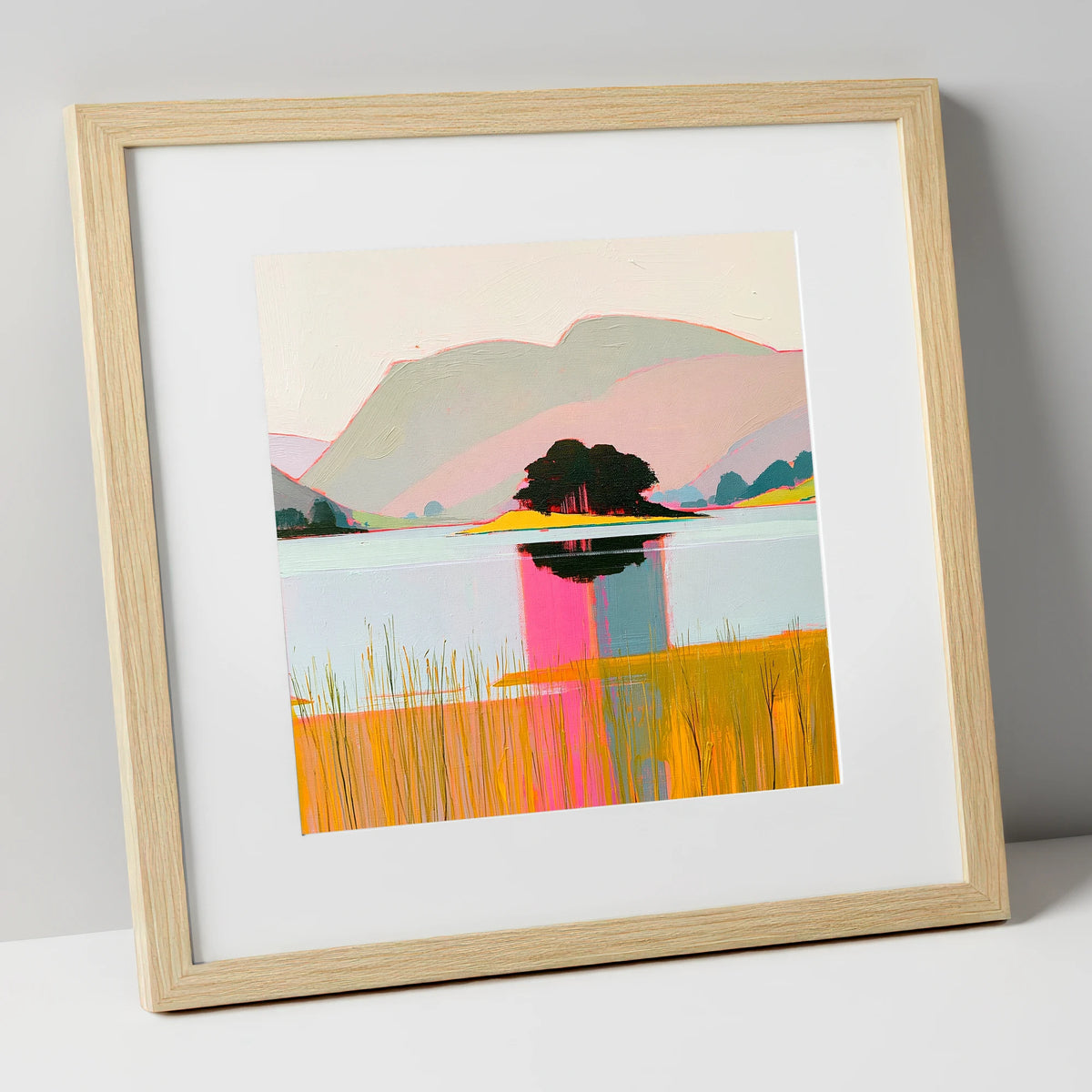 Vibrant Grasmere Island Reflections lake district lake art print in natural frame