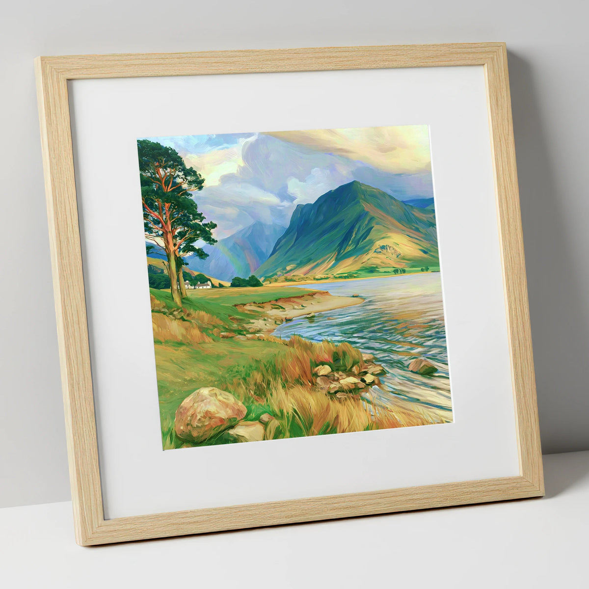 Lakeshore Rainbow After Rain lake district sky art print in natural frame