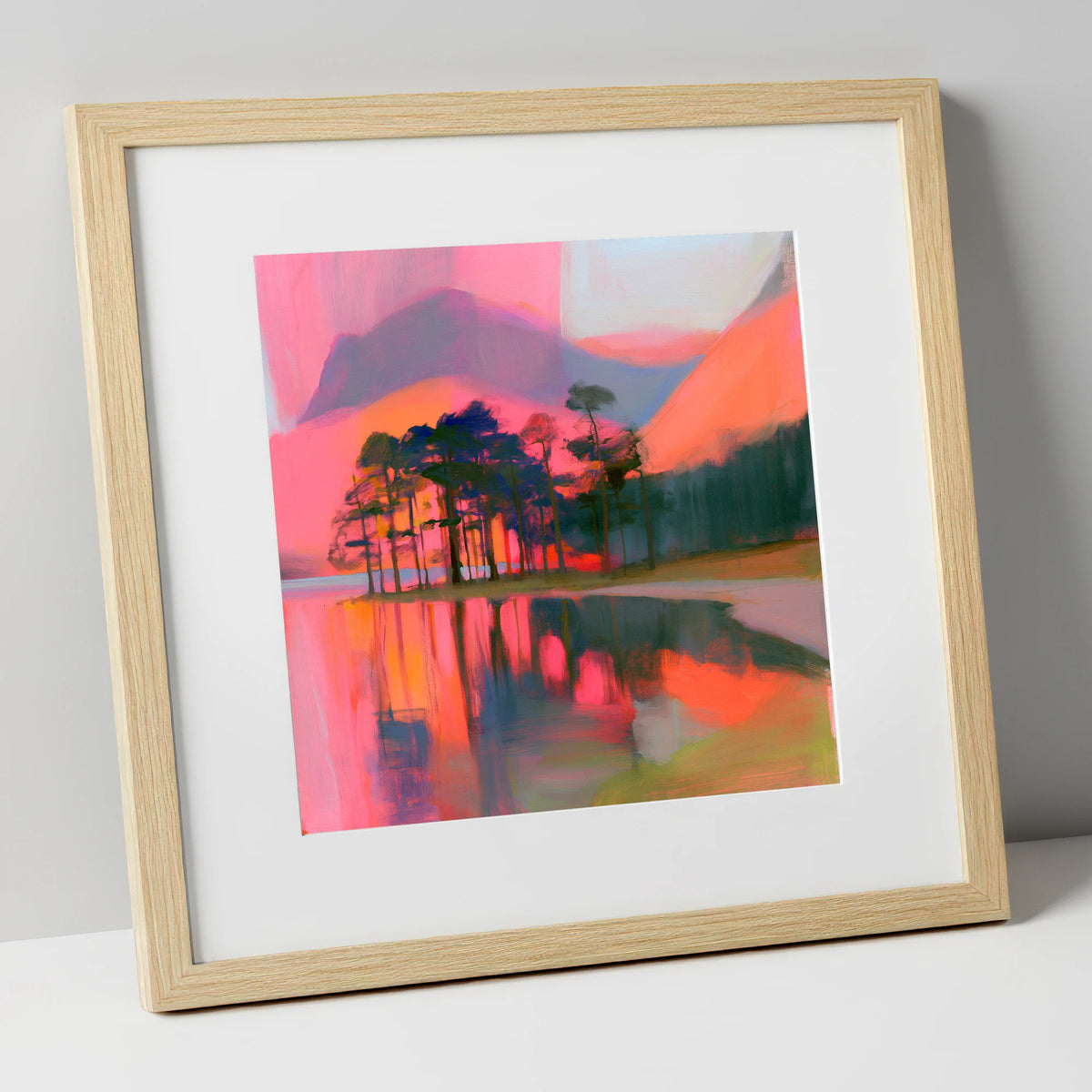 Neon Sunset Over Buttermere Pines lake district lake art print in natural frame