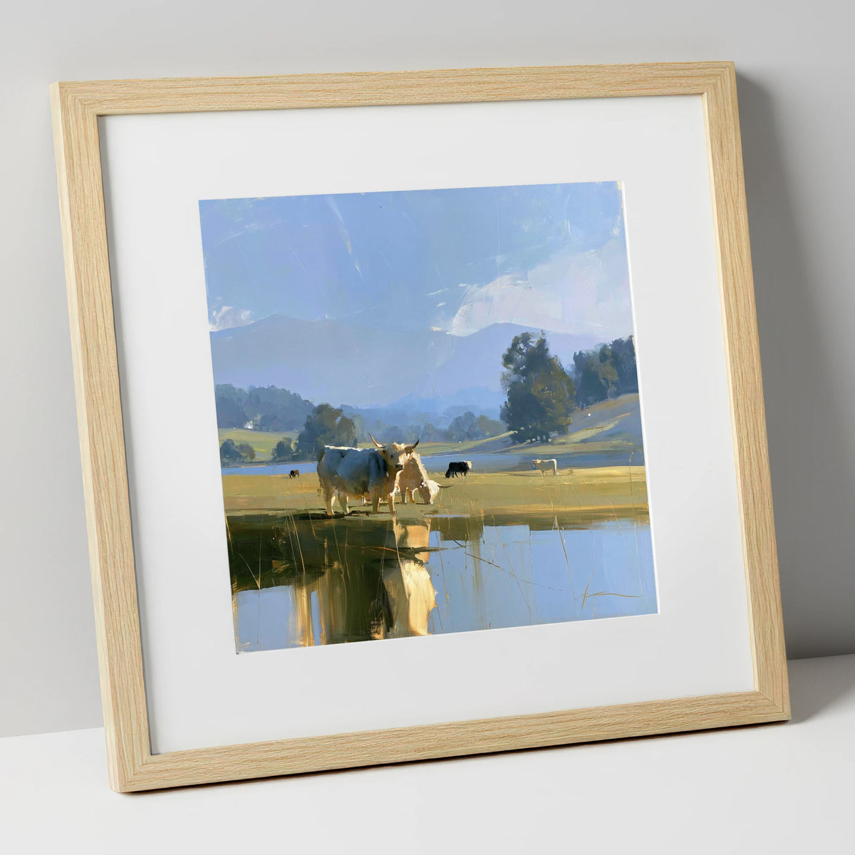 Highland Cattle Lakeshore Reflections lake district wildlife art print in natural frame